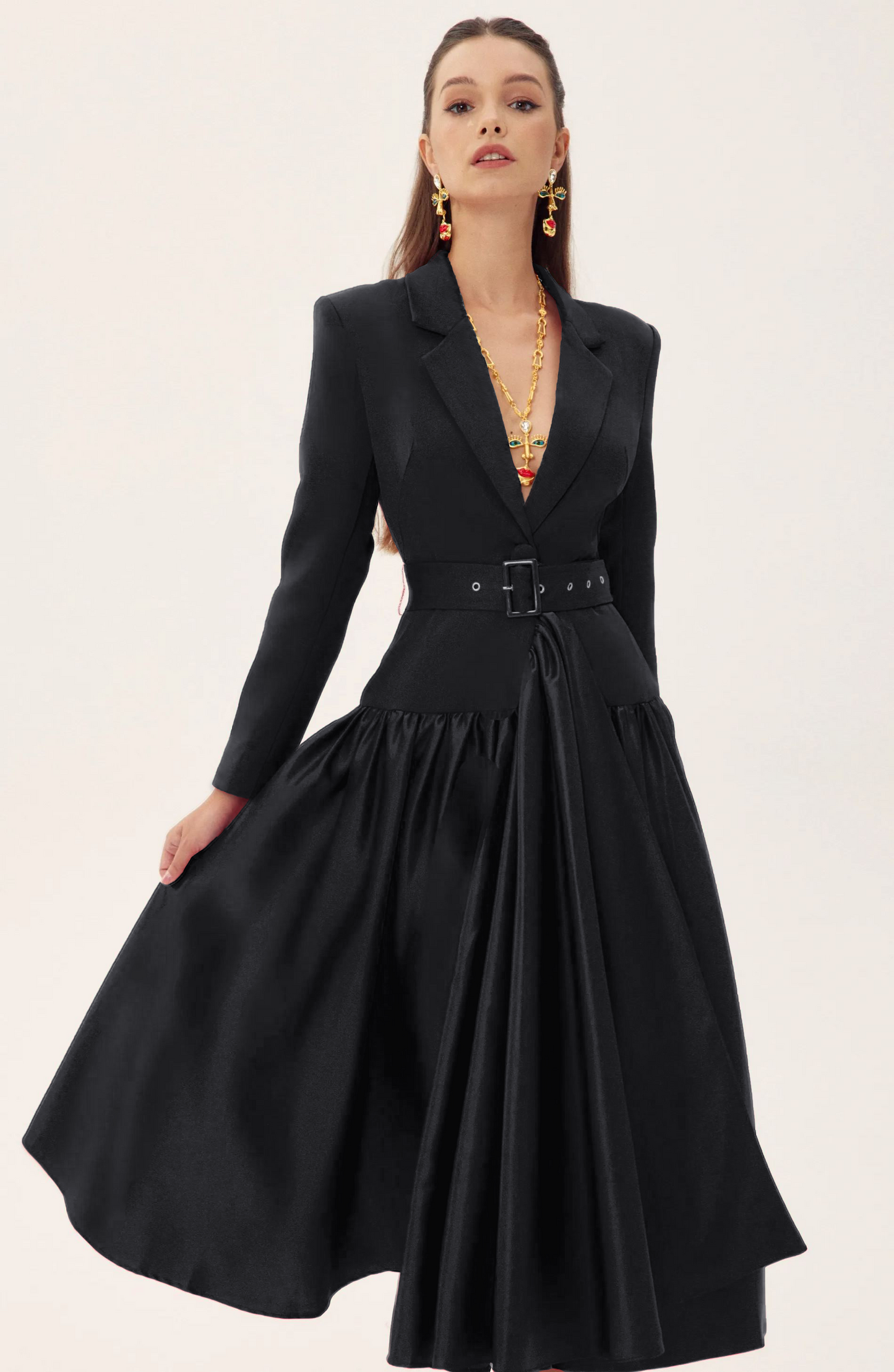 Notch Lapel Long Sleeve Midi Dress