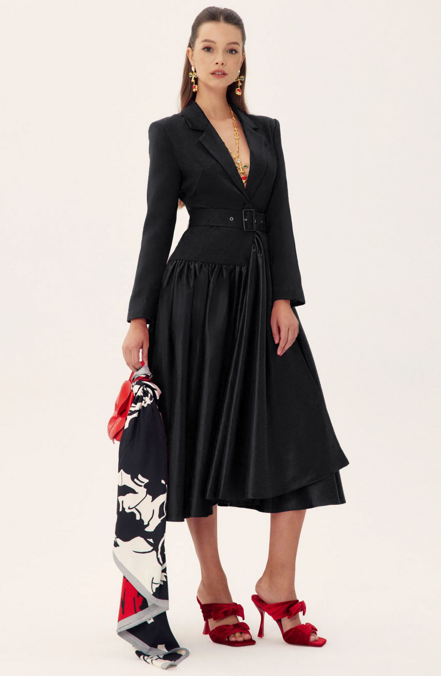 Notch Lapel Long Sleeve Midi Dress