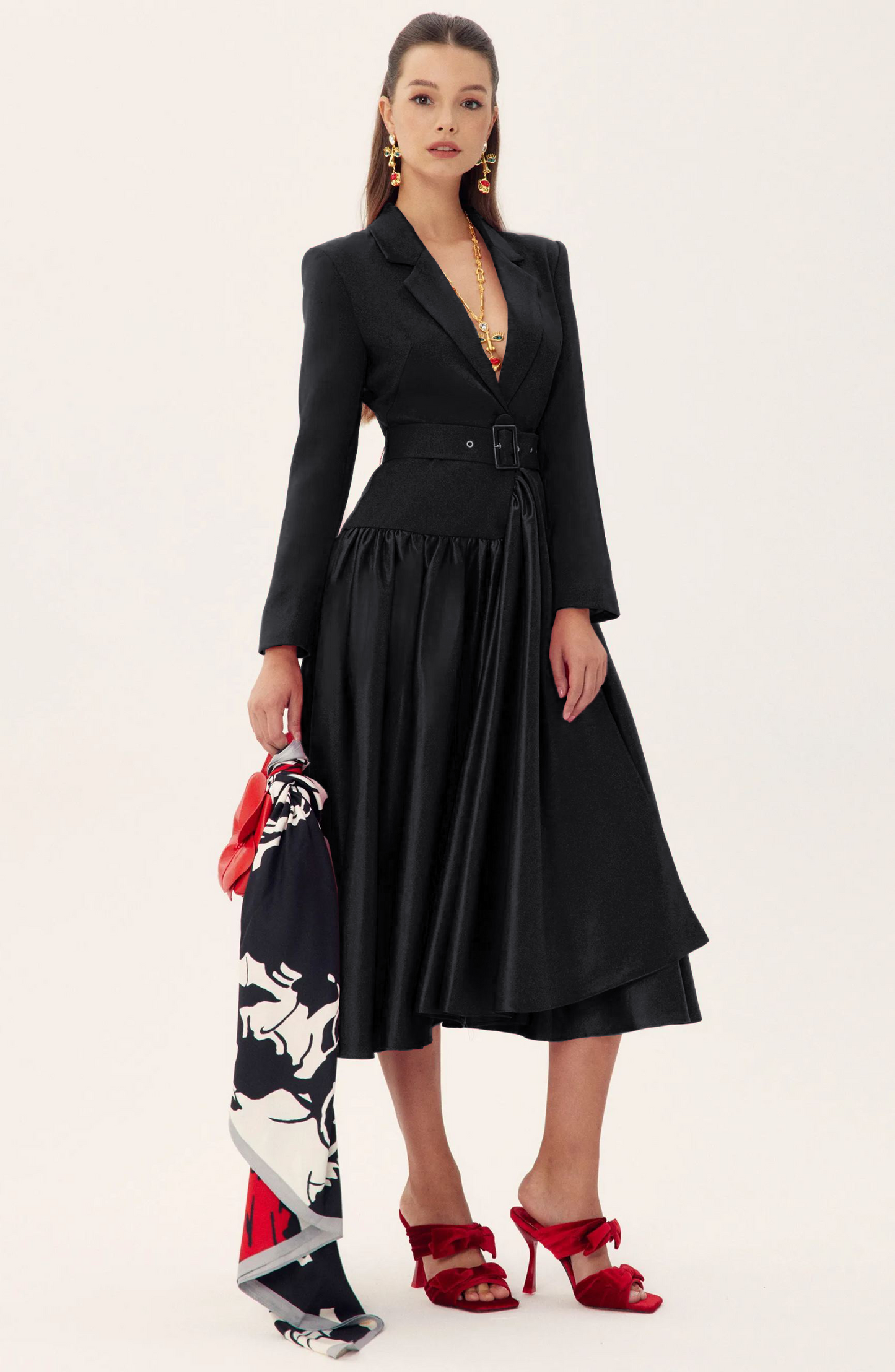 Notch Lapel Long Sleeve Midi Dress