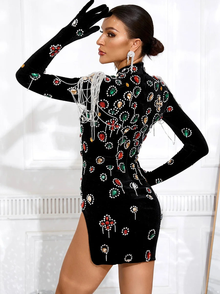 Velvet Rhinestone Fringe Mini Dress