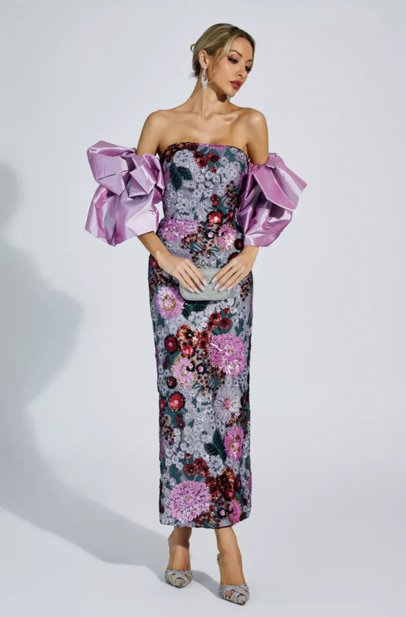 Celebrity Floral Pattern Bubble Sleeve Midi Dress