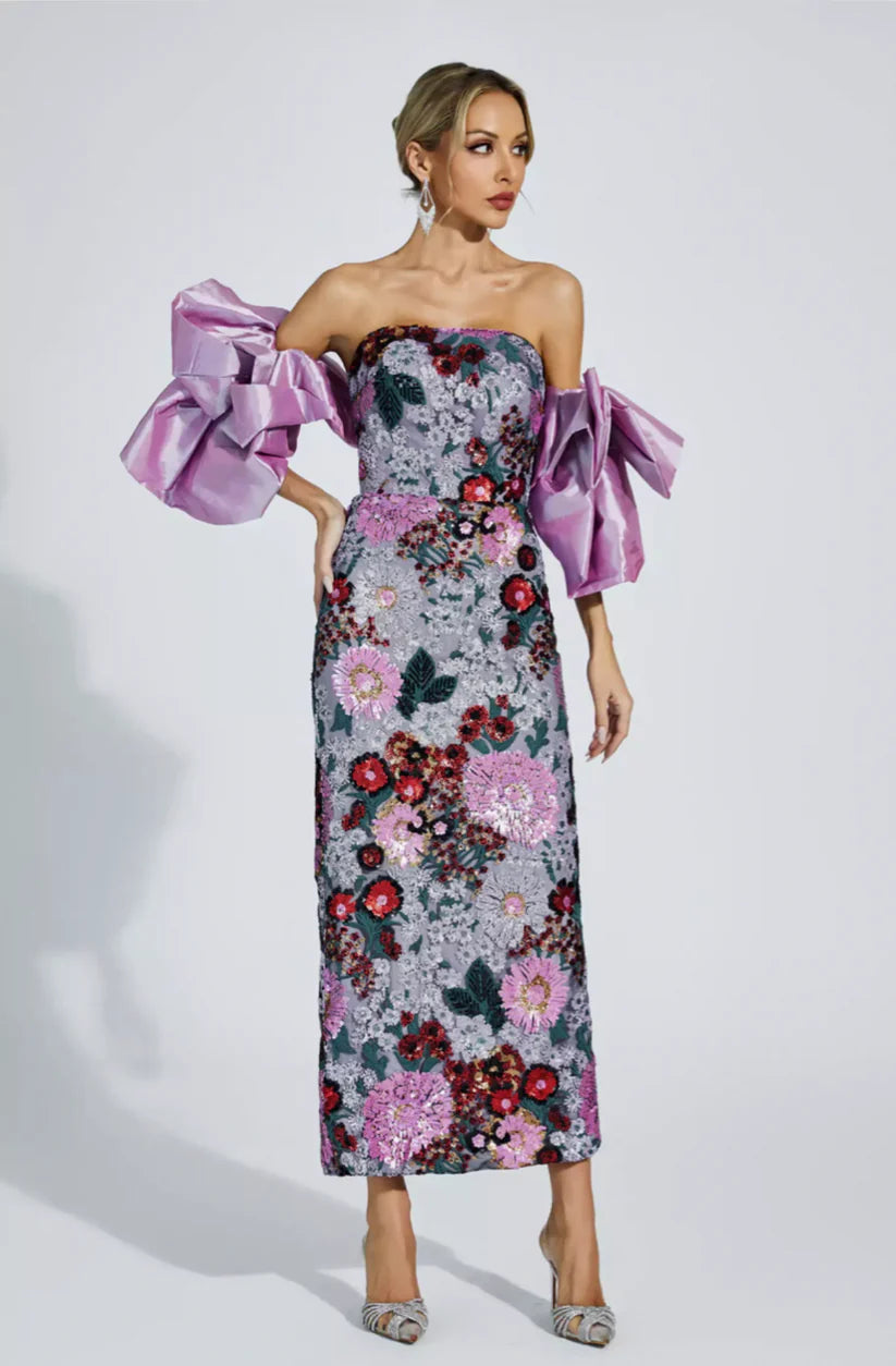 Celebrity Floral Pattern Bubble Sleeve Midi Dress