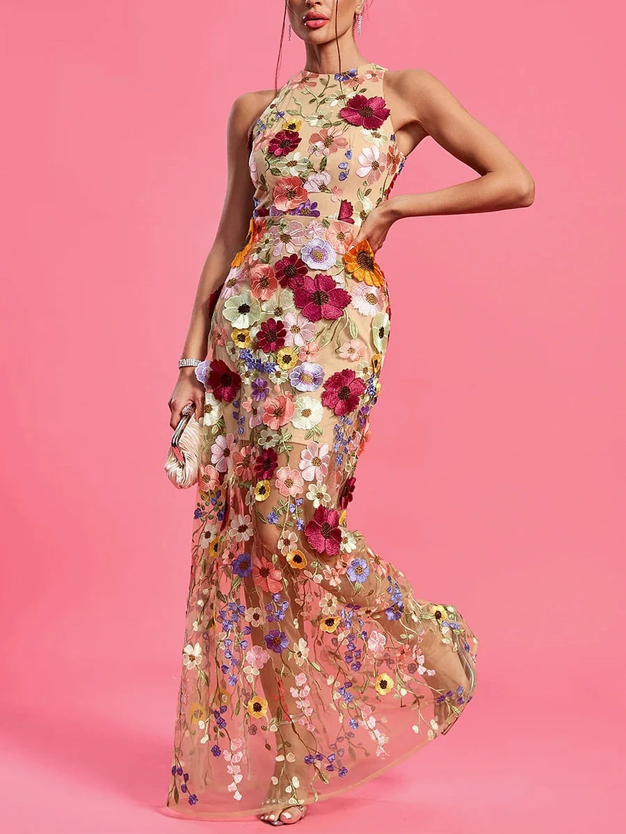 Sleeveless Round Neck Floral Embroidery Maxi Dress