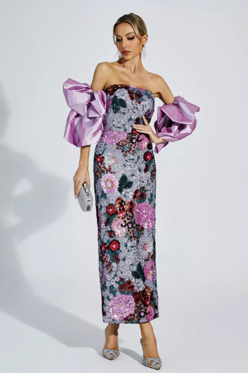 Celebrity Floral Pattern Bubble Sleeve Midi Dress