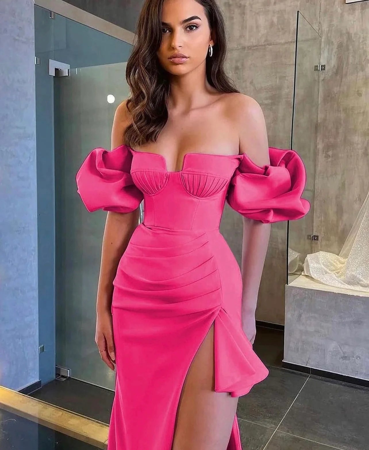 Off-Shoulder Deep V Lantern Sleeves Side Slit Midi Dress