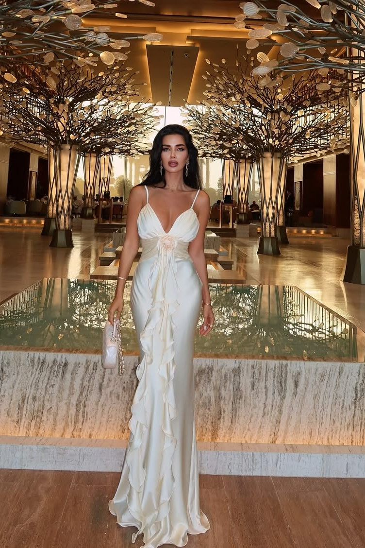 Satin V-neck Spaghetti Strap Ruffled Mermaid Gown