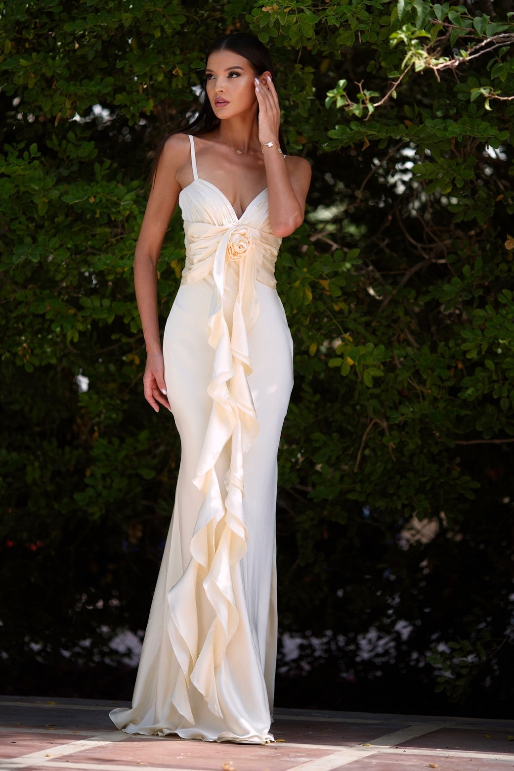 Satin V-neck Spaghetti Strap Ruffled Mermaid Gown