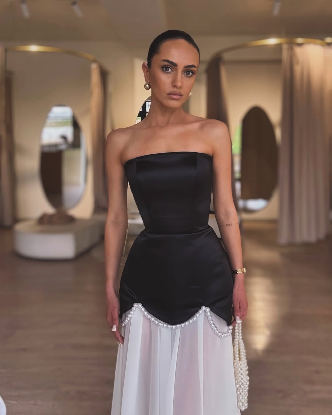 YS-Strapless Pearl Embellishments Maxi Dress