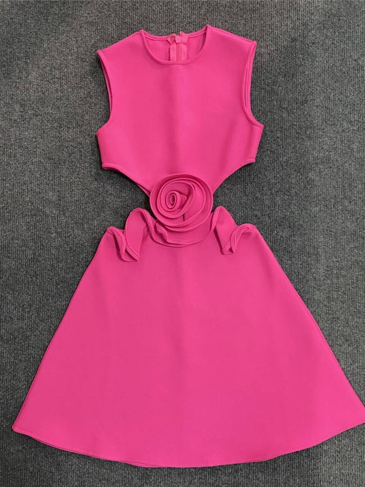 Hollow 3D Flower Sleeveless Bandage Midi Dress