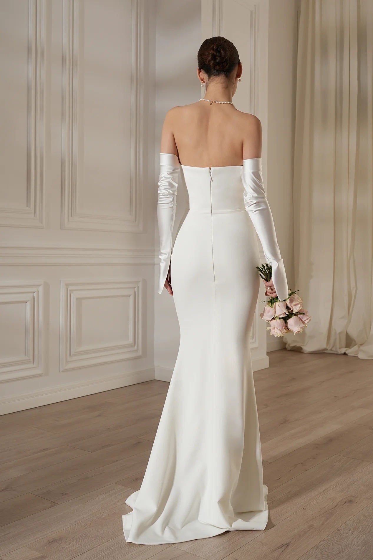 Strapless Off-Shoulder Satin Gloves Gown