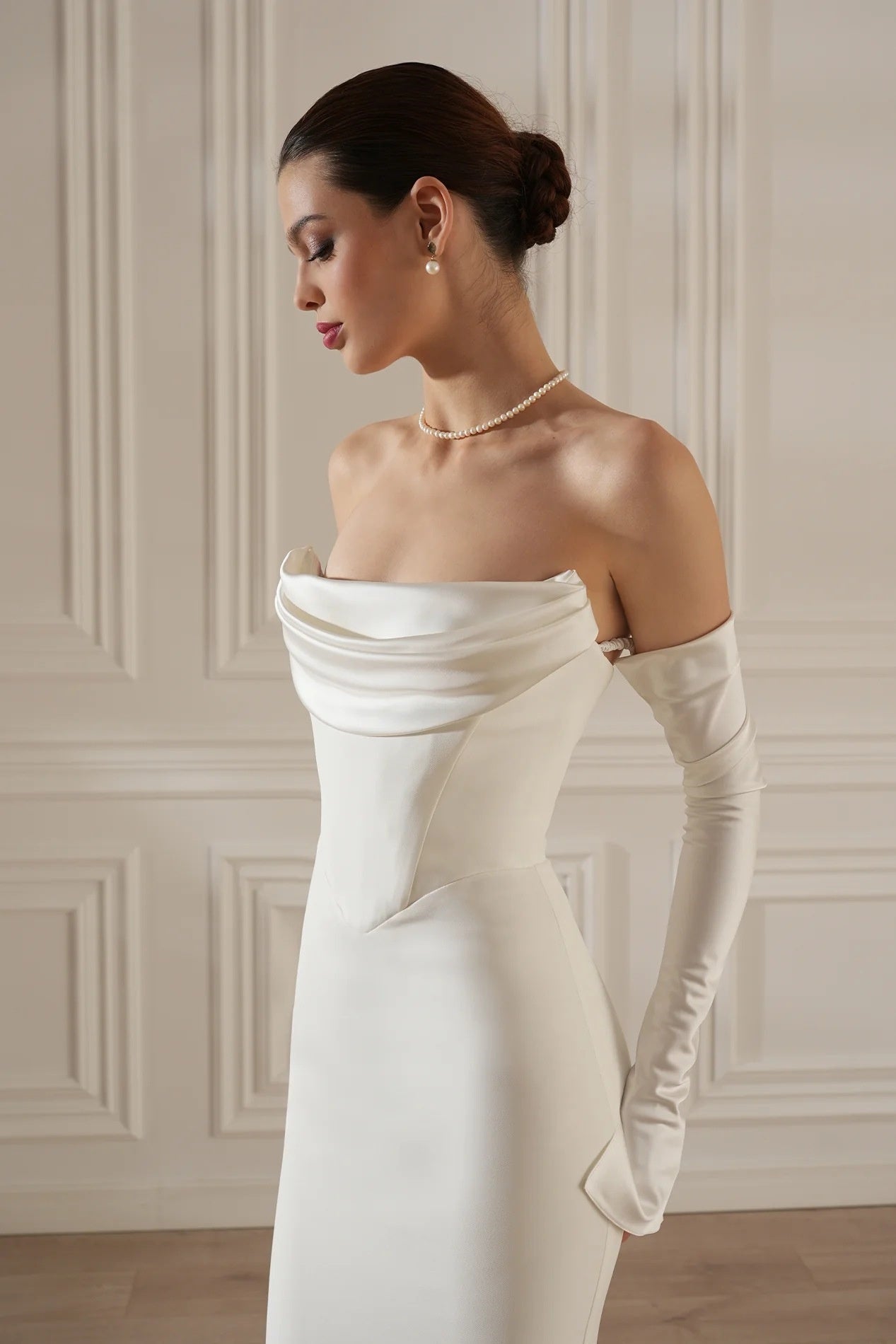 Strapless Off-Shoulder Satin Gloves Gown