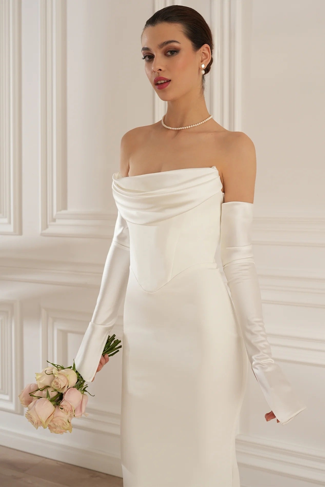 Strapless Off-Shoulder Satin Gloves Gown