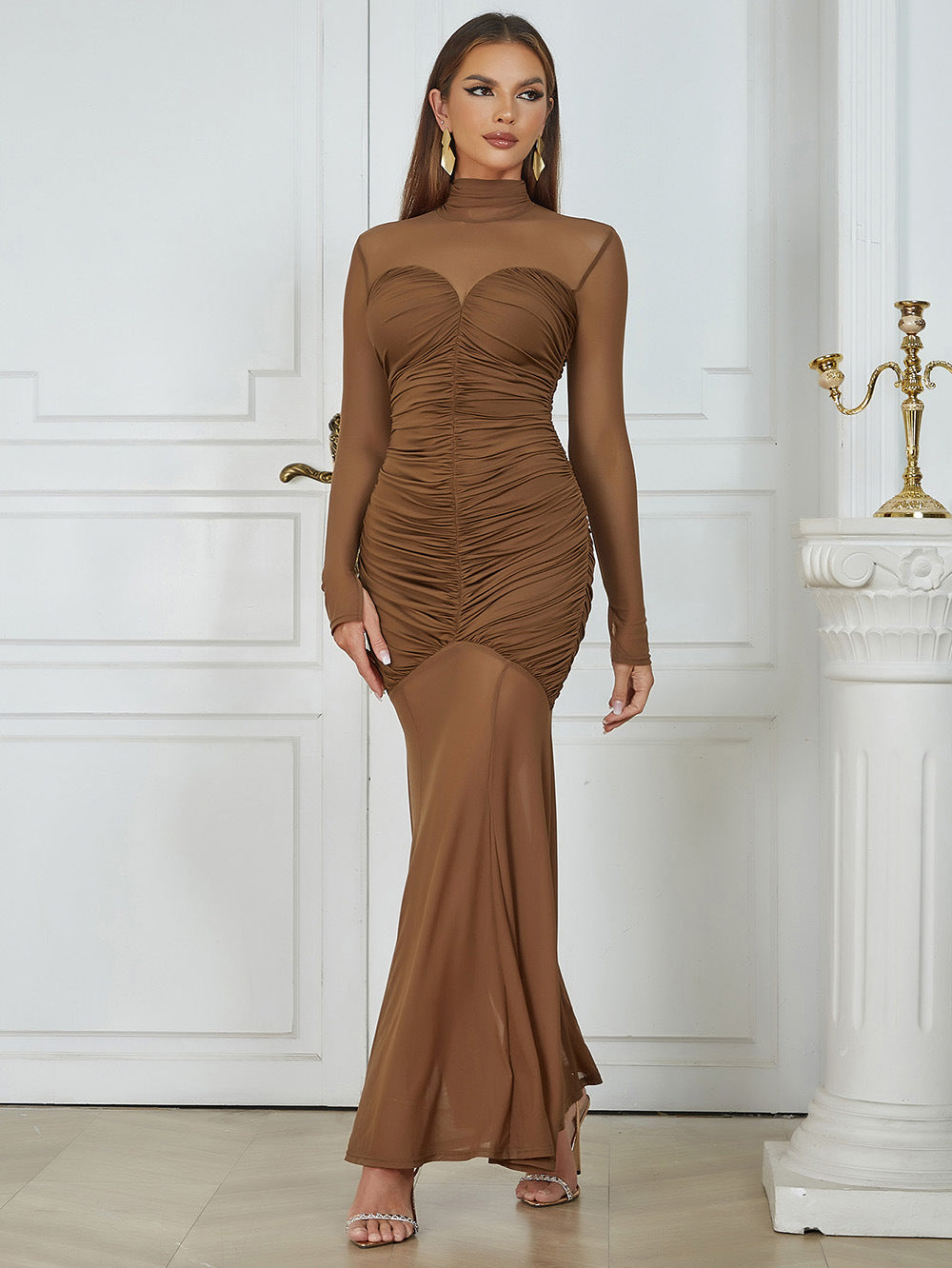 Ruffled Backless Halter Neck Sleeveless Bodycon Maxi Dress