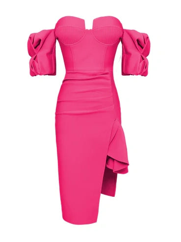 Off-Shoulder Deep V Lantern Sleeves Side Slit Midi Dress