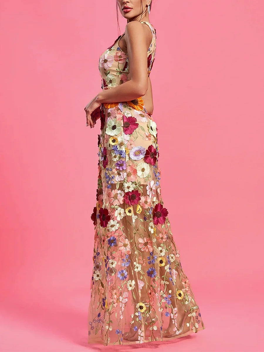 Sleeveless Round Neck Floral Embroidery Maxi Dress