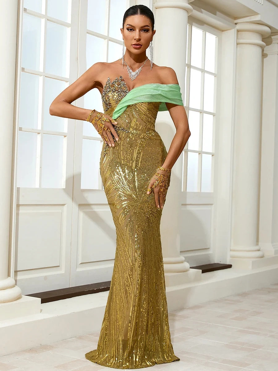 One-Shoulder Diamond Maxi Dress