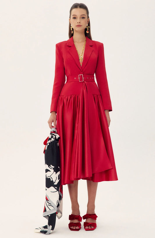 Notch Lapel Long Sleeve Midi Dress