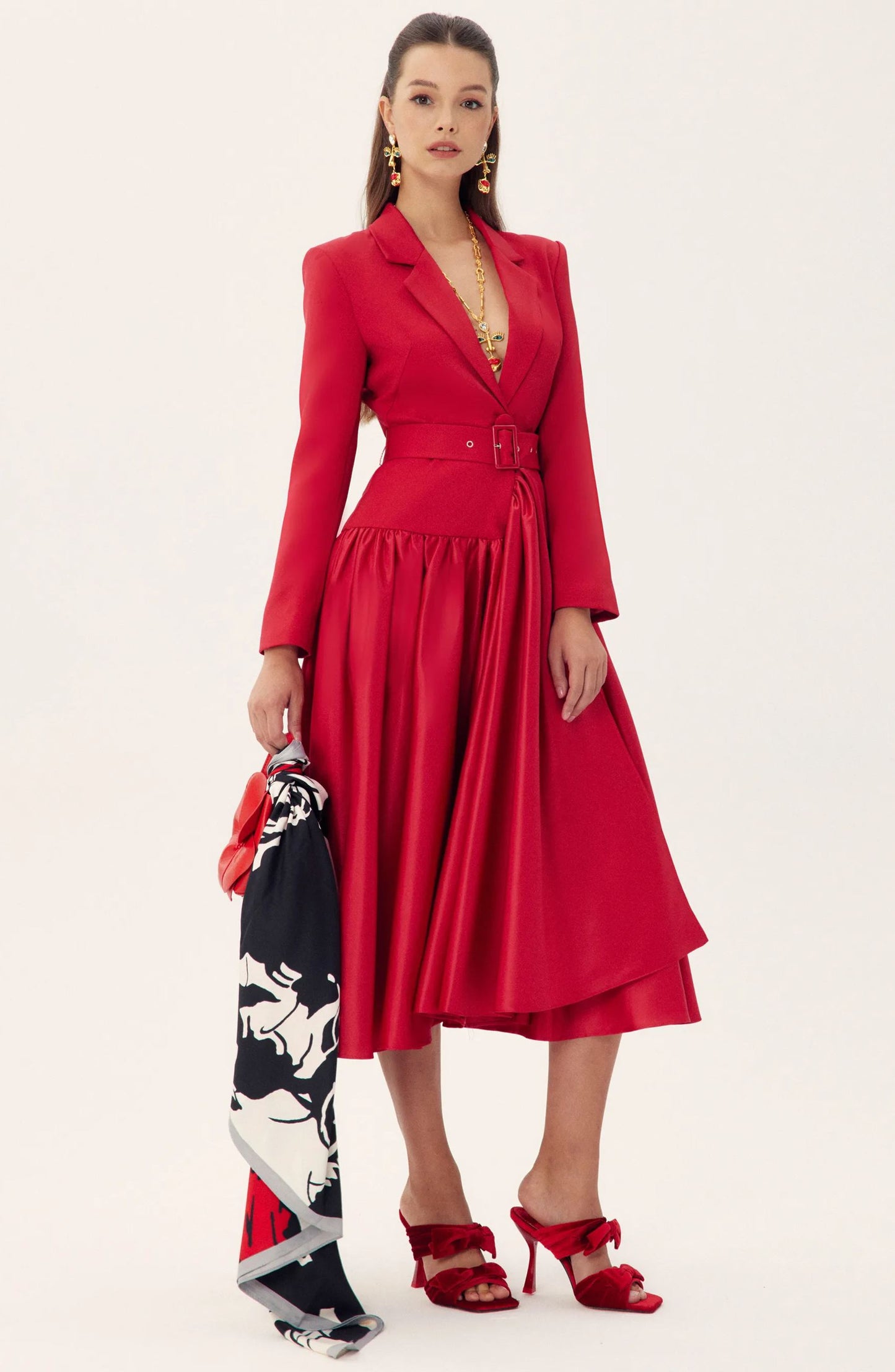 Notch Lapel Long Sleeve Midi Dress