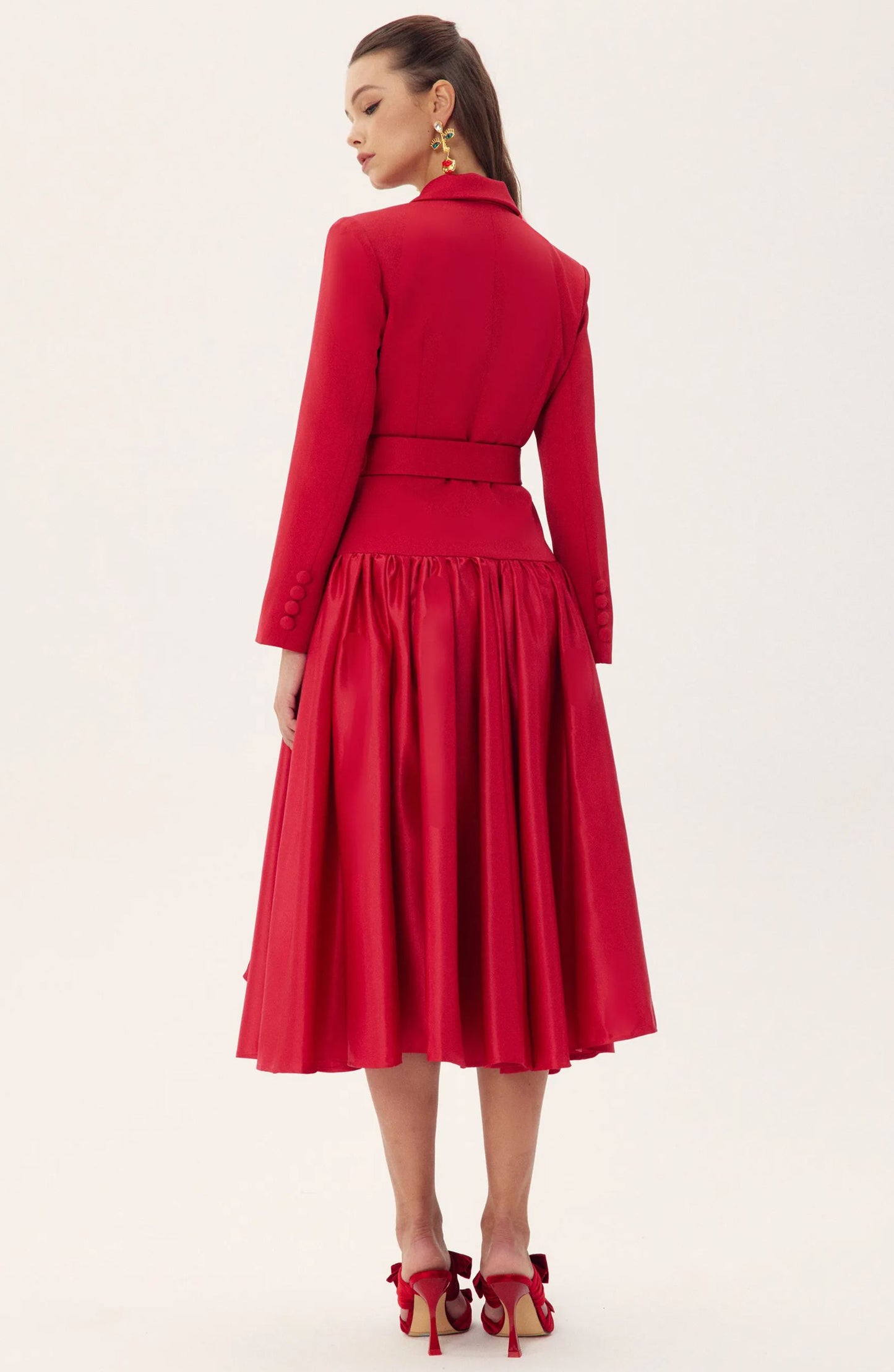 Notch Lapel Long Sleeve Midi Dress